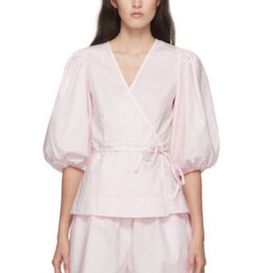 Ganni Pink Puff-Sleeve Wrap Blouse